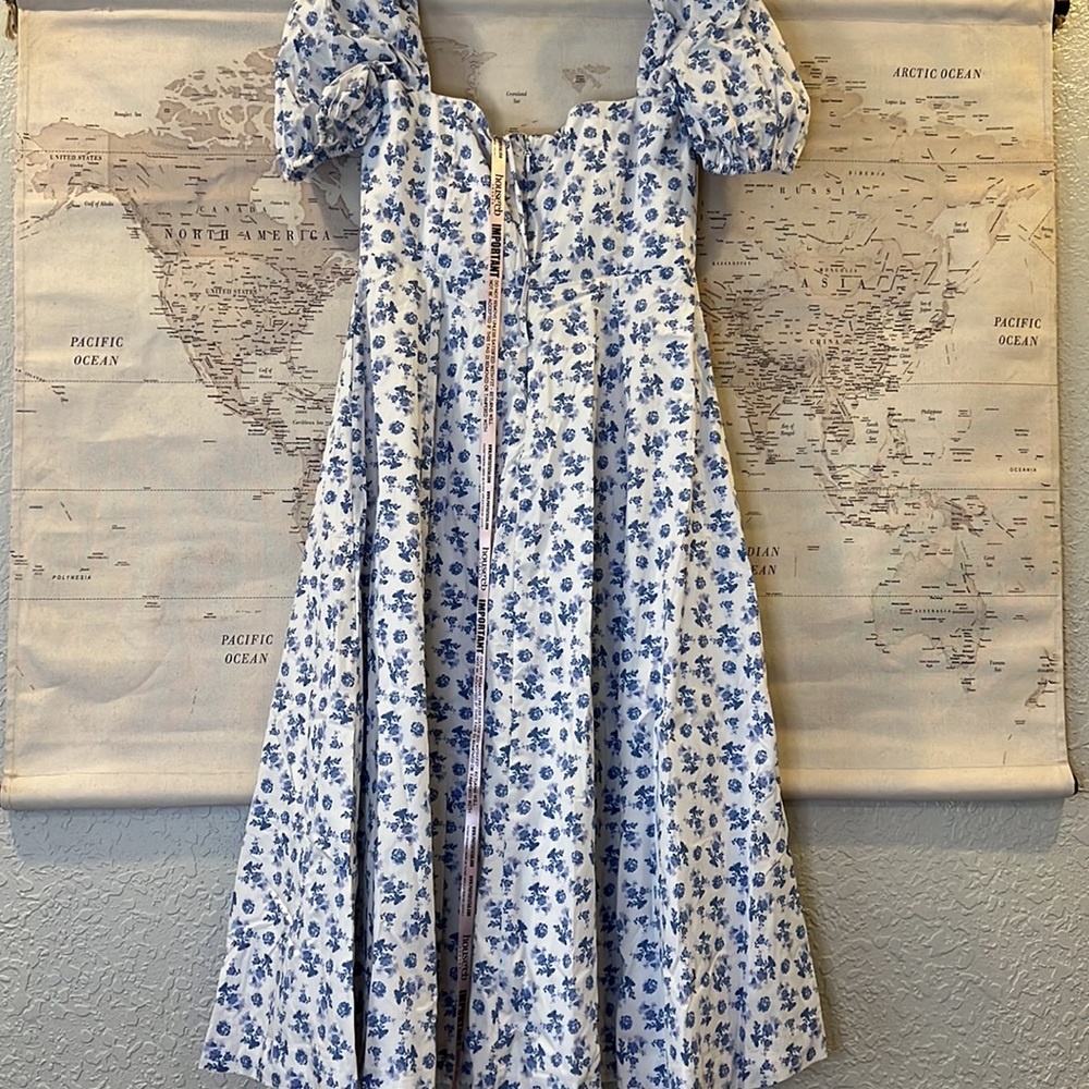 House of CB ‘Tallulah’ Blue & White Floral Puff Sleeve Bustier Dress NWOT - Picture 12 of 13